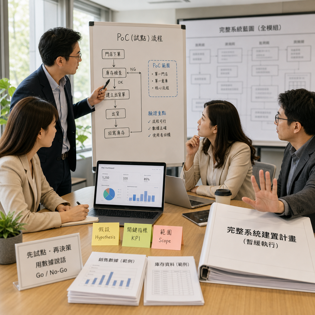 團隊在白板上規劃 AI PoC 概念驗證