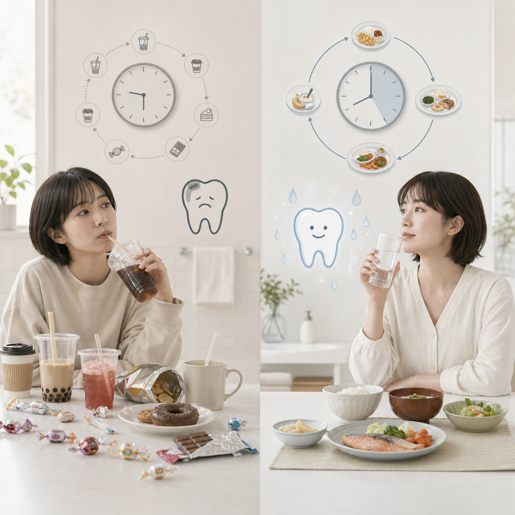 間食を控えた健康的な食事と口腔ケアのイメージ