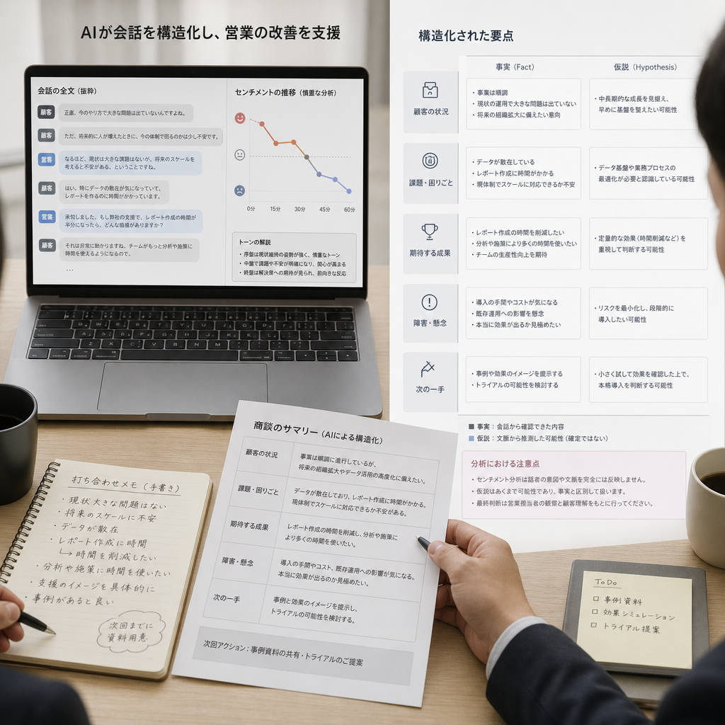 商談要約と顧客感情を分析する営業マネージャーの画面