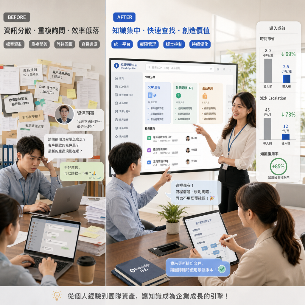 團隊在辦公室檢視企業知識架構與文件流程