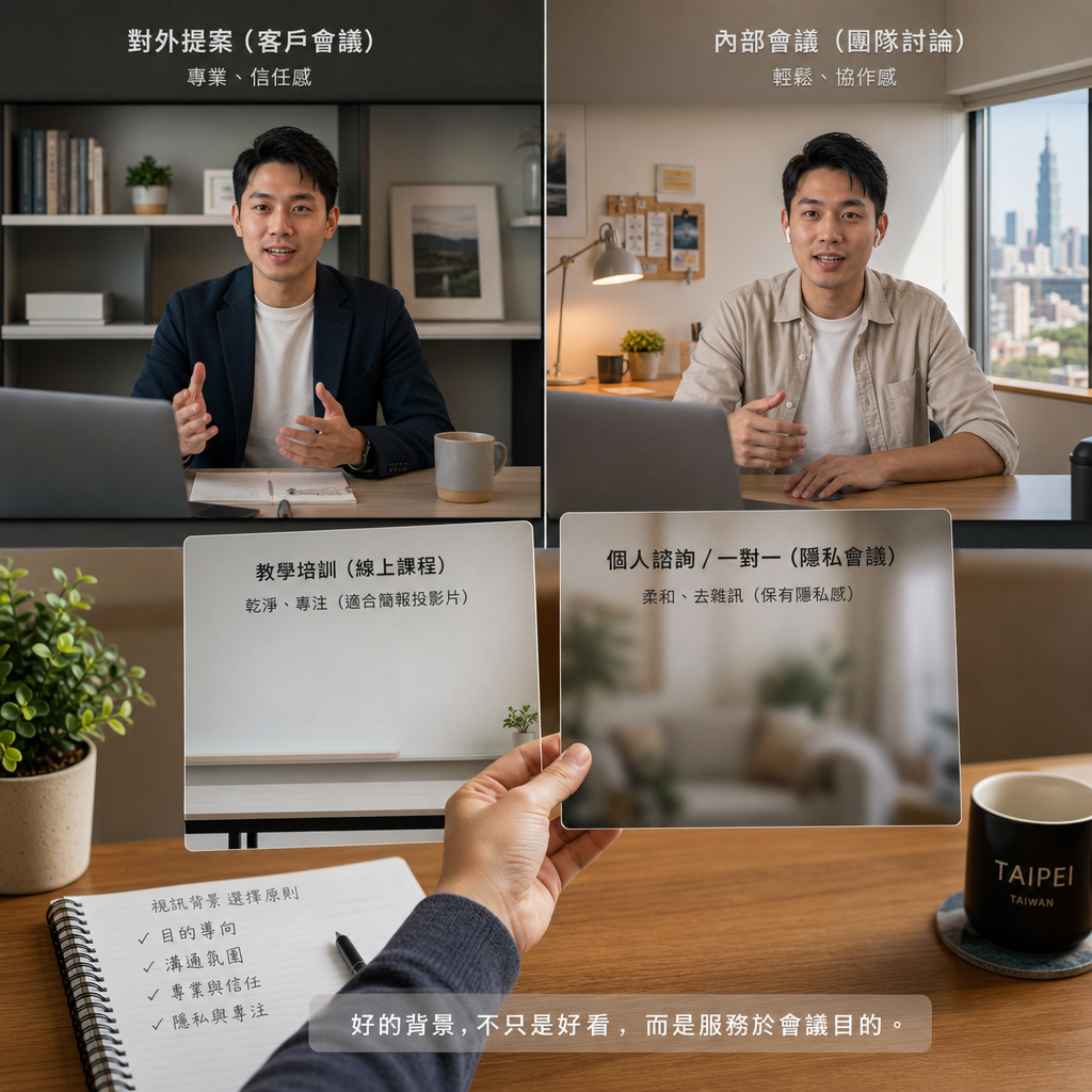 專業人士使用簡潔商務視訊會議背景進行遠距會議