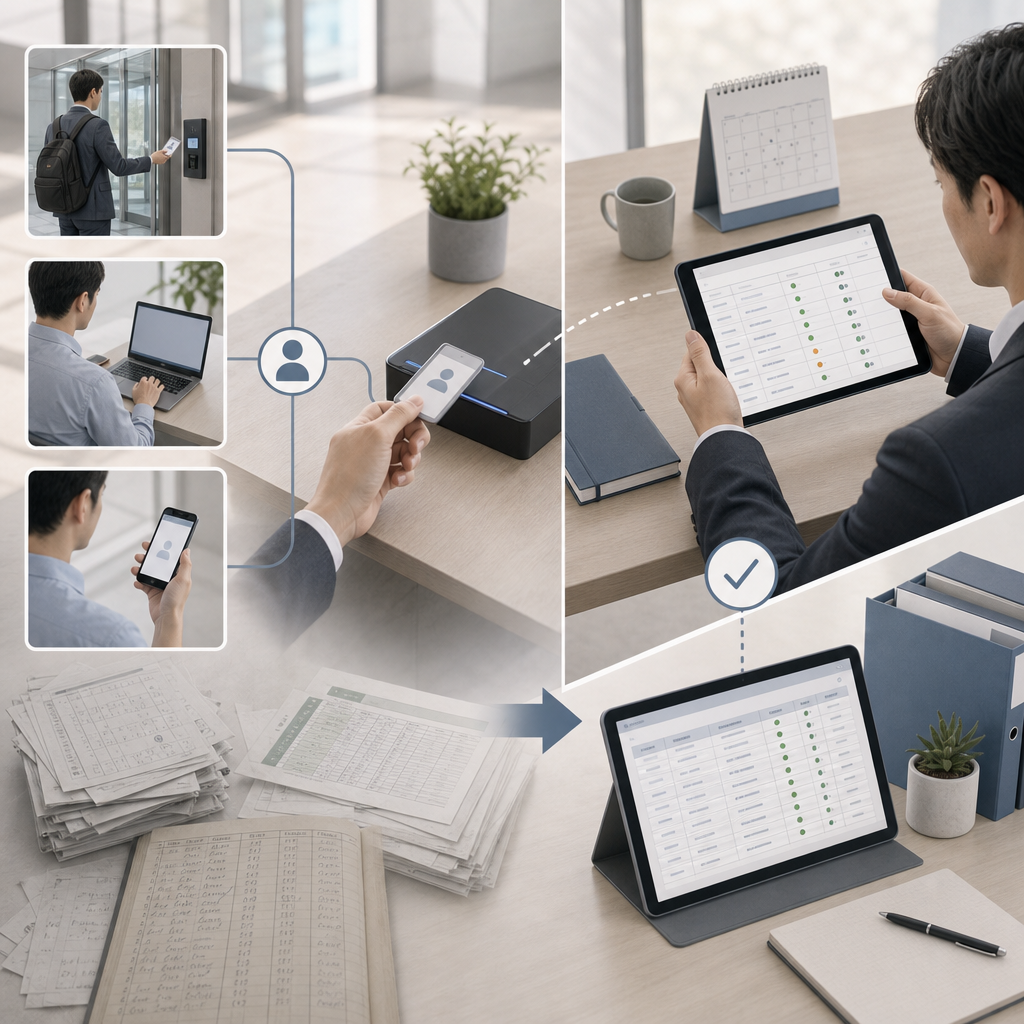 勤怠管理画面とスマートフォン打刻を確認する管理者