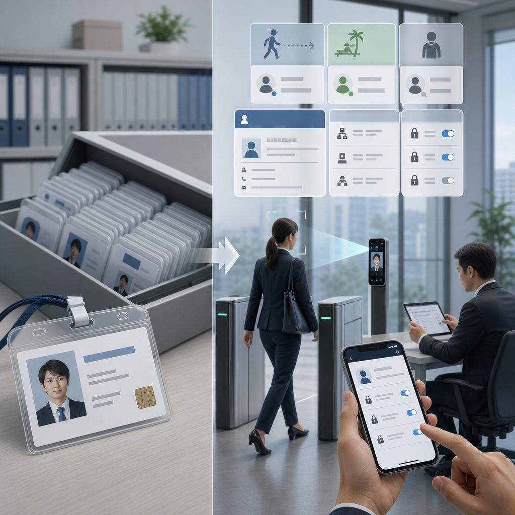 スマートフォンでデジタル社員証を提示する社員