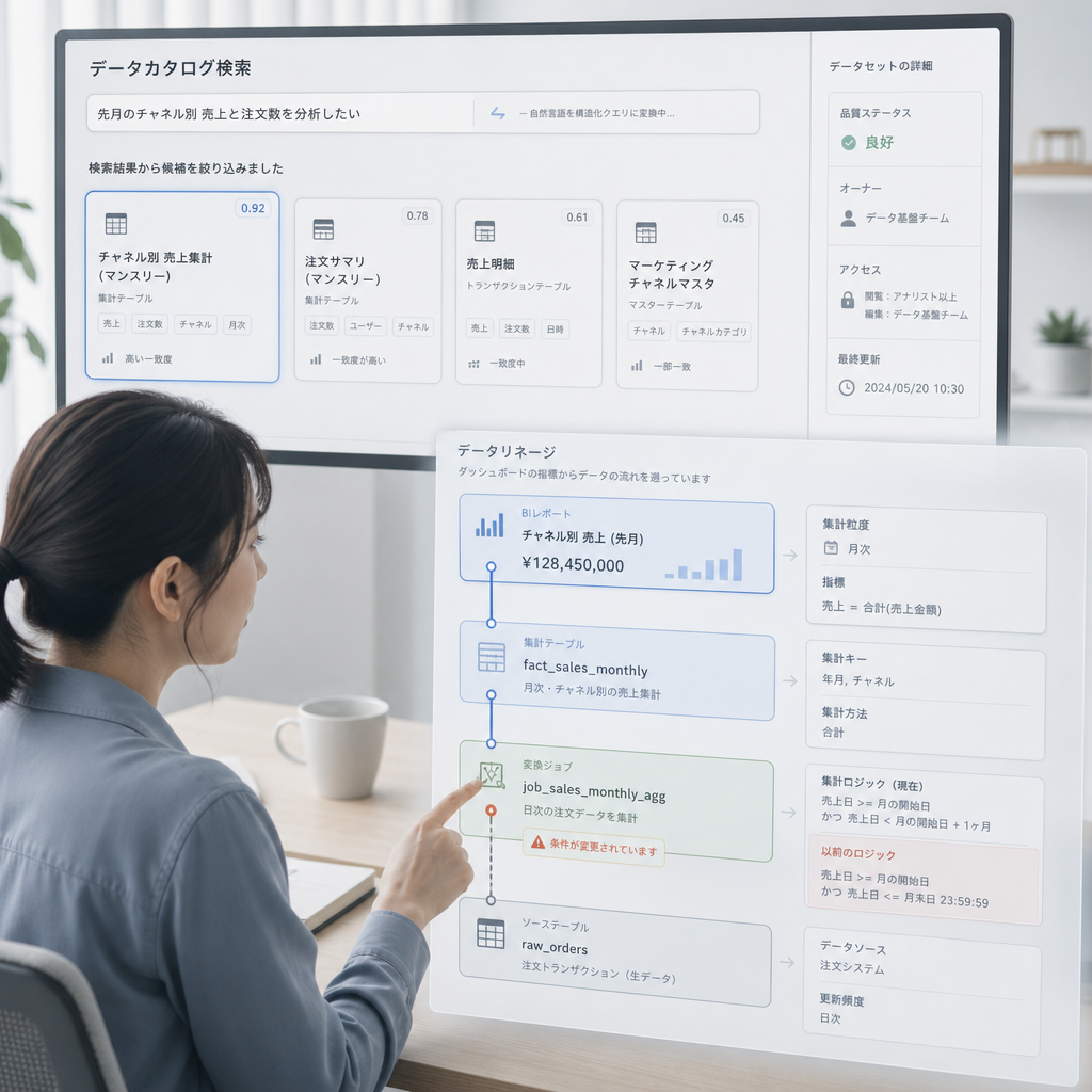 データ品質を監視しながらデータを検索する画面
