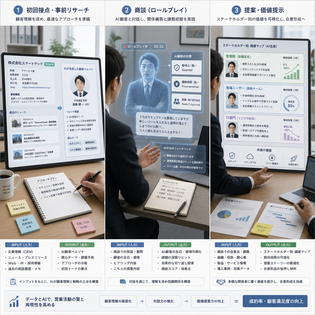営業ファネルに沿ってAIペルソナを活用する営業チーム