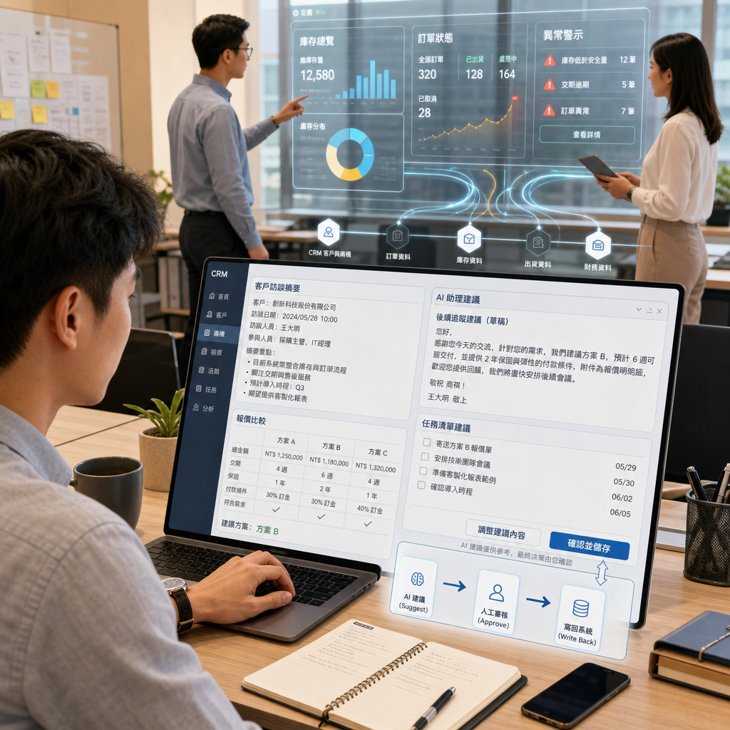 企業 ERP 系統與 AI 業務助理整合流程圖