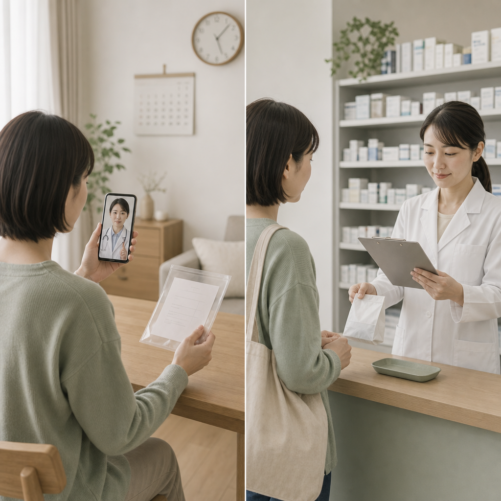 薬剤師が薬局カウンターで医薬品を説明する様子