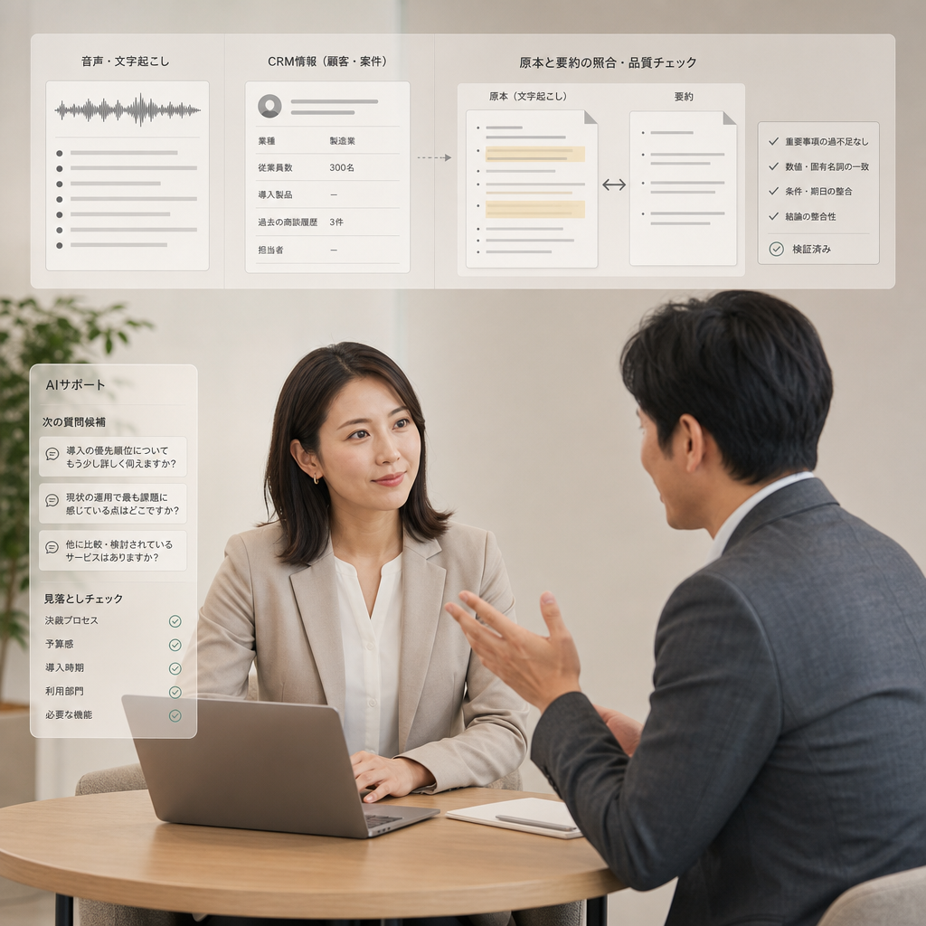 オンライン商談中にAI会話支援を確認する営業担当者