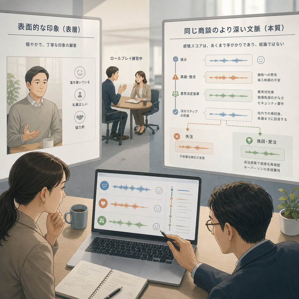 商談会話の分析結果を見ながら営業コーチングを行う場面
