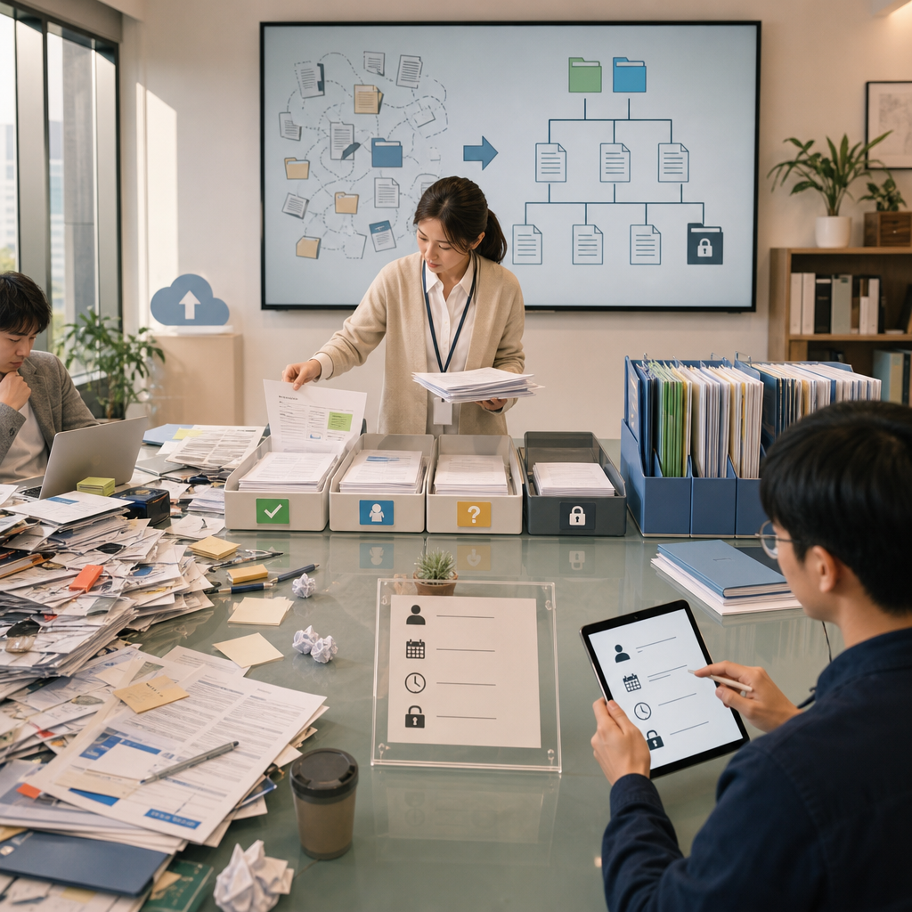企業知識庫中的文件審核版本管理與權限控管示意