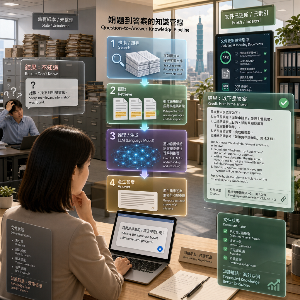 RAG 技術從企業文件檢索內容並生成附來源答案的流程圖