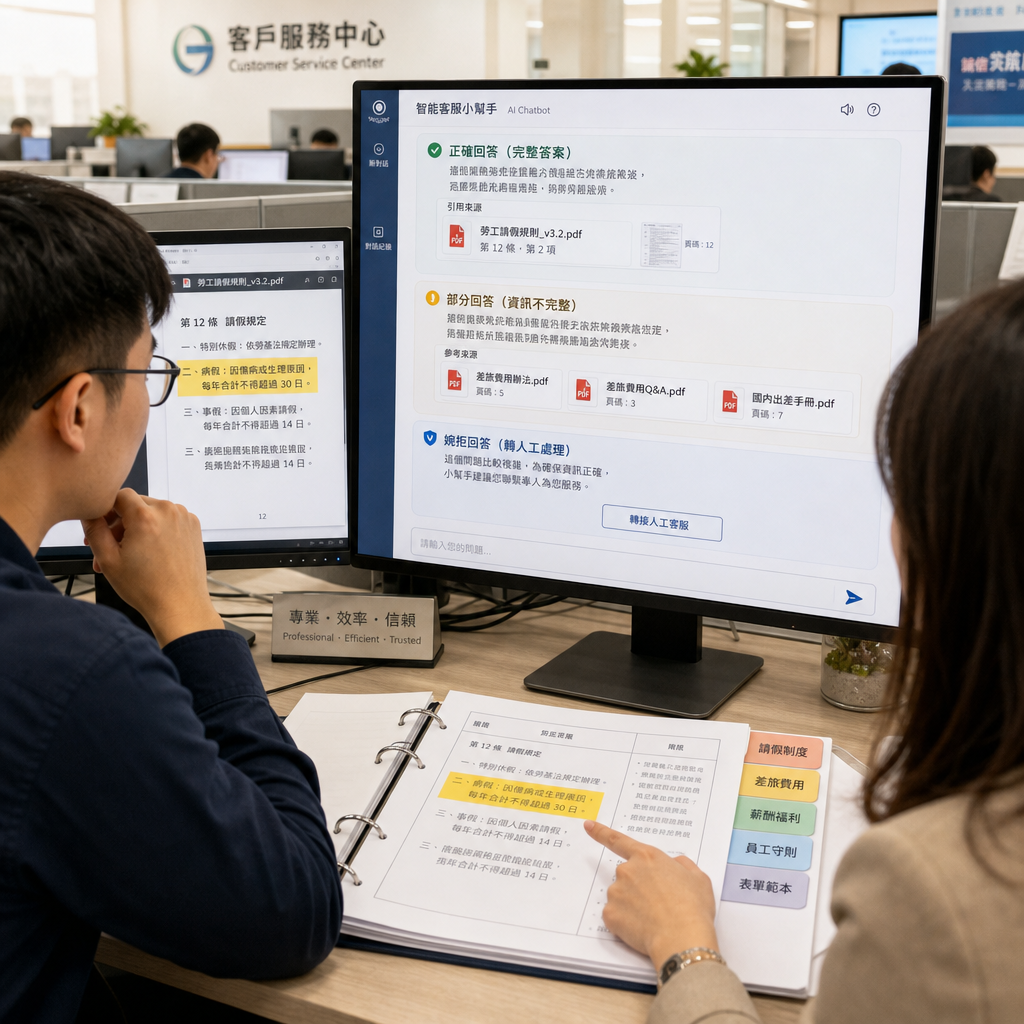 AI Chatbot 顯示回答內容與文件引用來源的介面