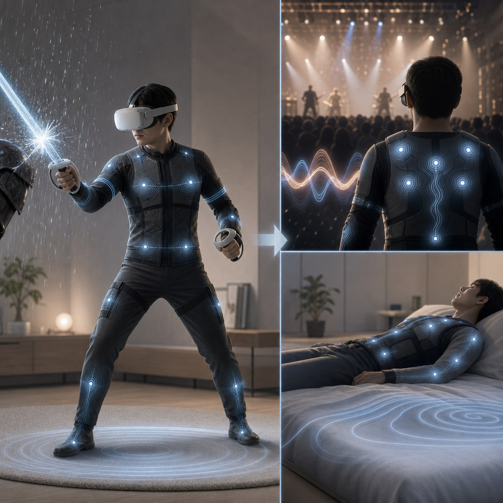 触覚スーツを着用して仮想現実ゲームを体験する人物