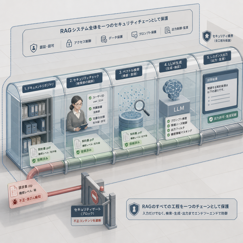 RAGの検索・生成フローとセキュリティ境界を示す図