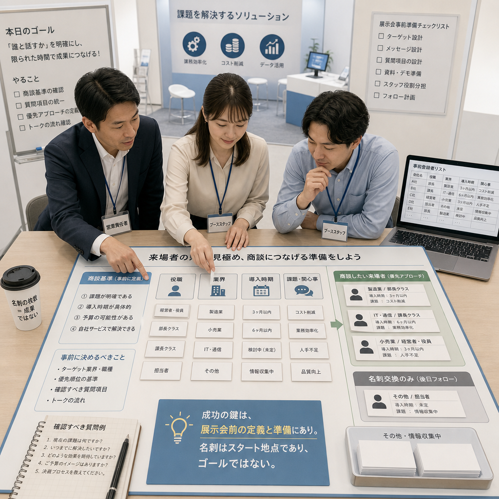 AIを活用した展示会ブースで来場者に説明する営業担当者