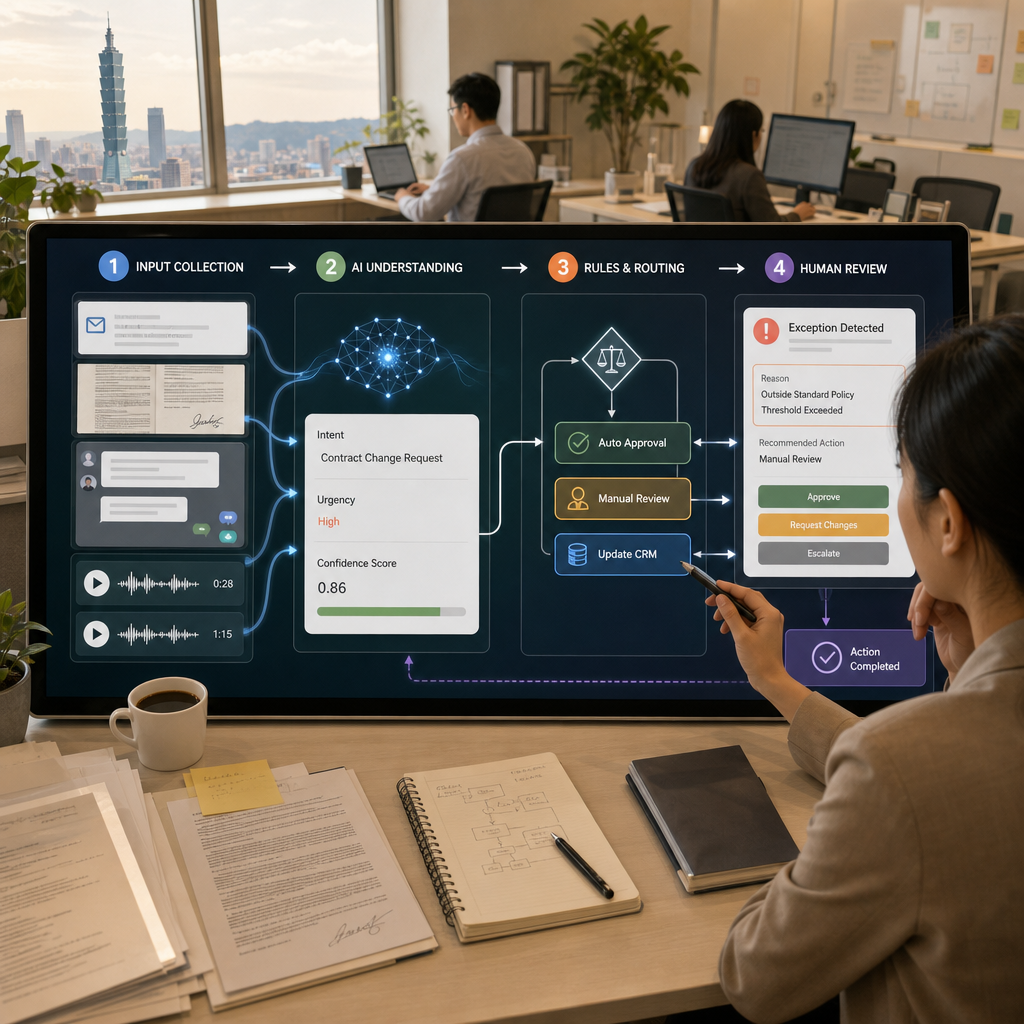 團隊檢視 AI 工作流程架構與資料流向圖