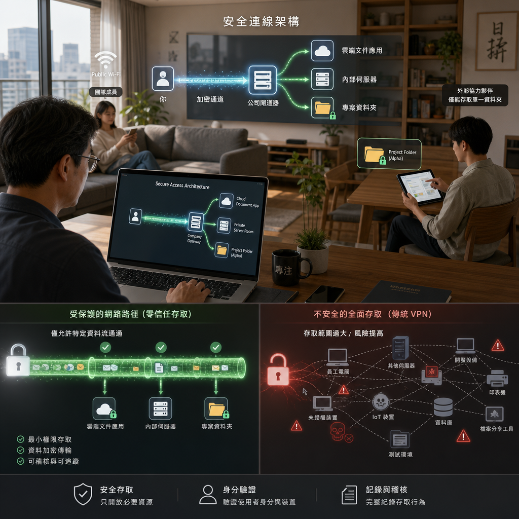 遠端員工透過 VPN 安全連線至企業內部系統的示意圖