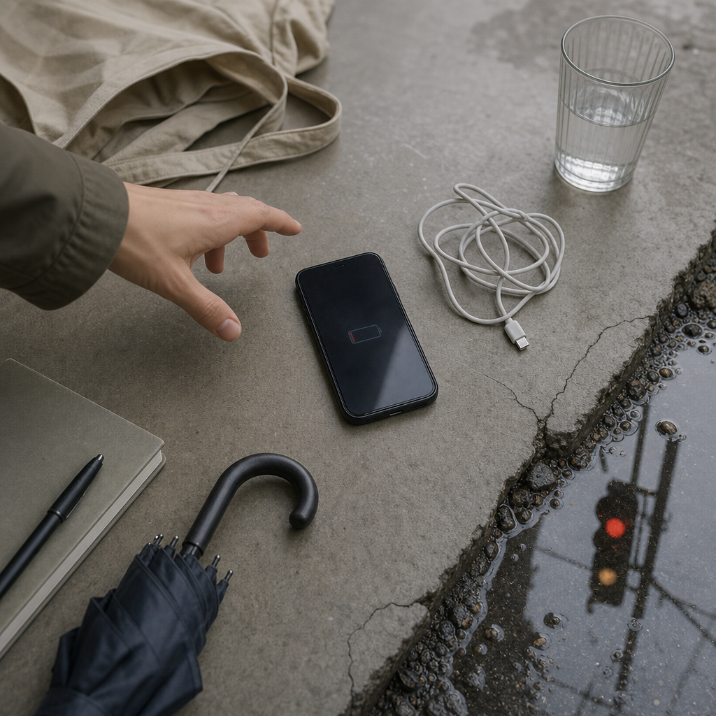 手のひらのスマートフォンと金属部品を観察する様子
