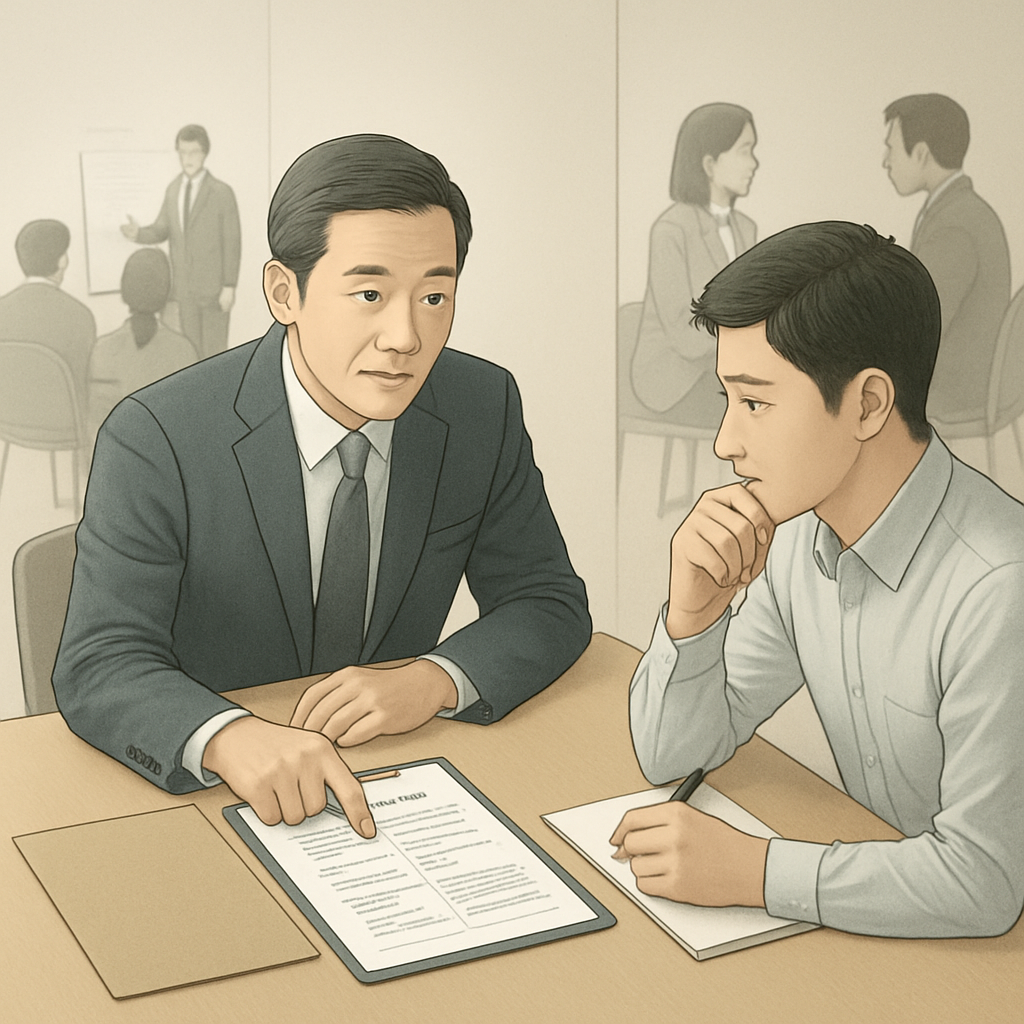 営業マネジャーと担当者が一対一で商談を振り返る様子