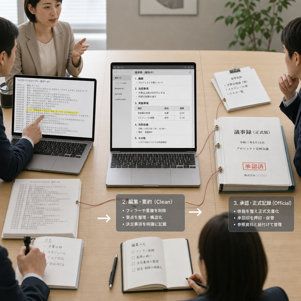 ノートパソコンで会議の音声を文字起こしするビジネスパーソン