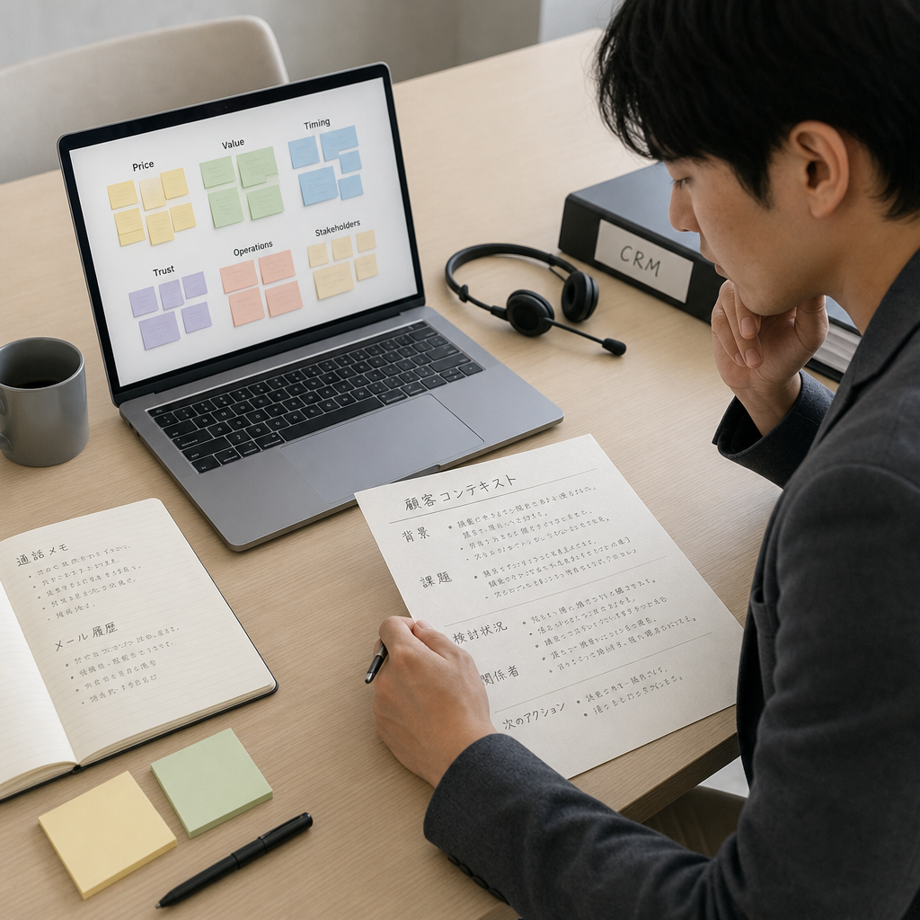 営業担当者がAI画面で顧客の異議を分類している様子