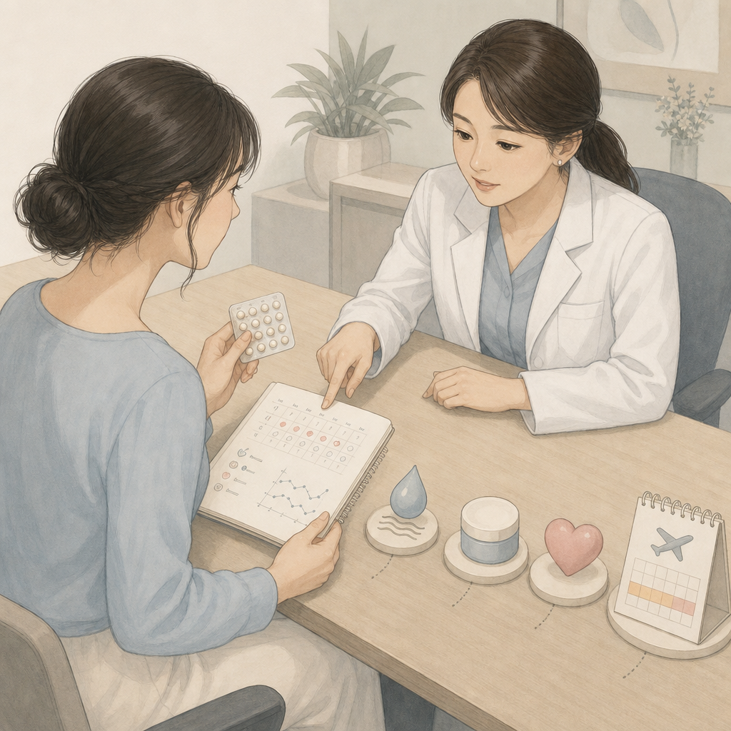 低用量ピルの中止時期を婦人科医に相談する女性