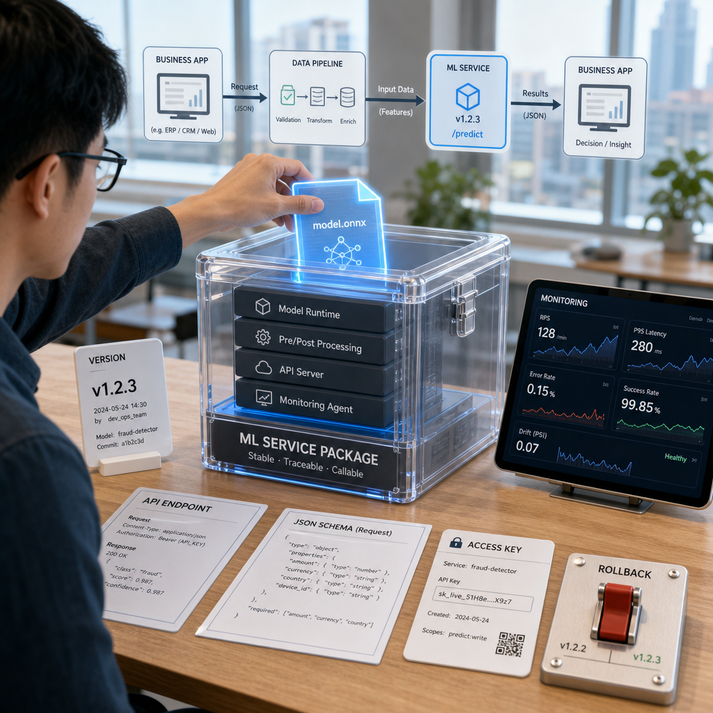 企業團隊檢視 AI 模型部署架構與監控儀表板