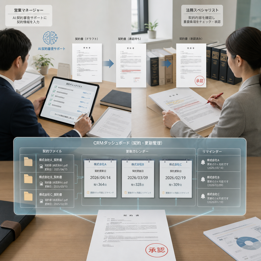 AIを活用して営業契約書を確認する営業担当者と法務担当者