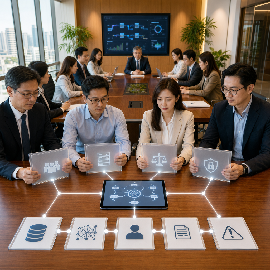 企業團隊檢視人工智慧治理儀表板與風險指標