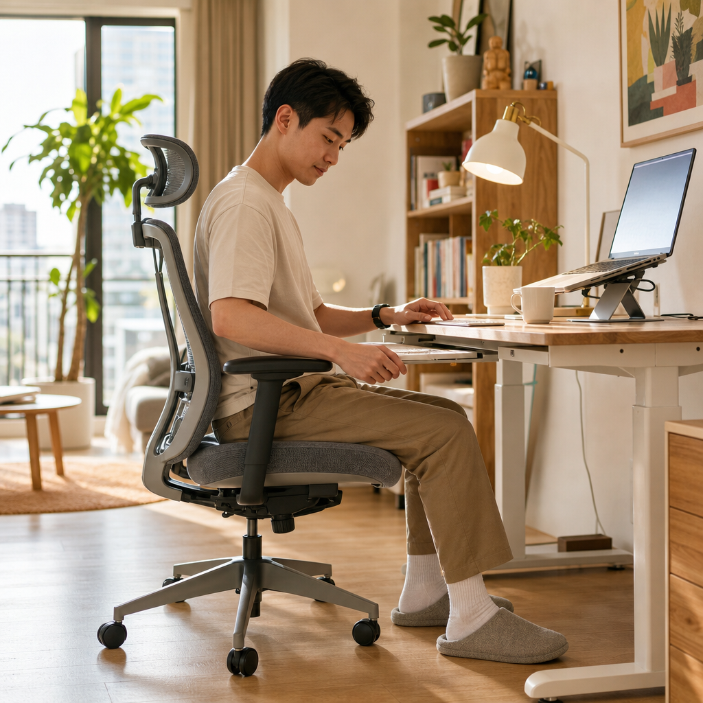 居家工作者調整辦公椅與螢幕高度的畫面