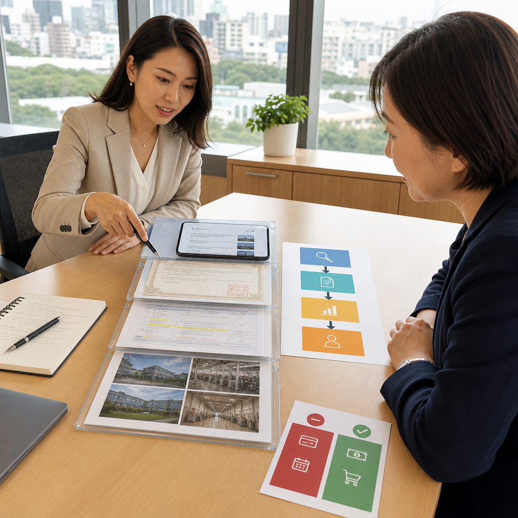 商務人員檢視日本企業信用調查報告與合作文件