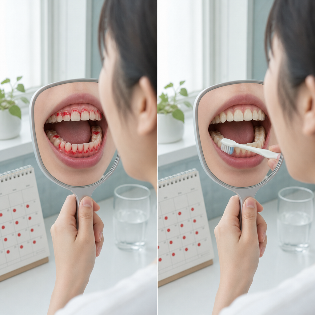 鏡を見ながら歯垢の染め出しを確認する人