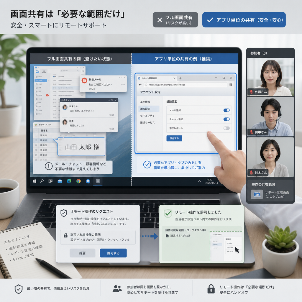 ノートPCの画面を共有しながらオンライン会議をするビジネスチーム