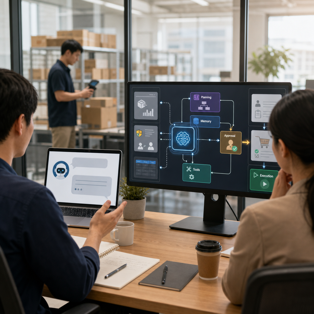 企業團隊討論 AI 代理人架構與自動化流程