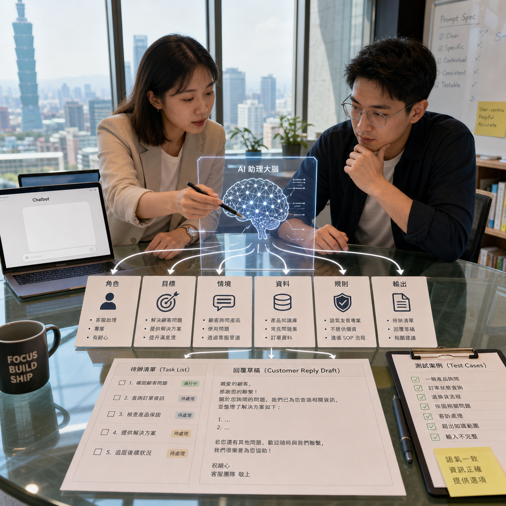 團隊在白板上設計 AI 提示與任務流程