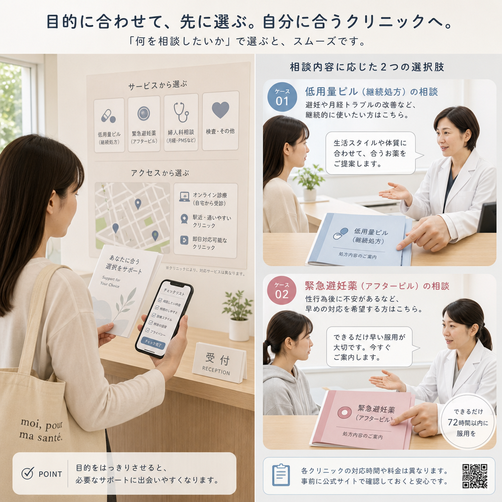 婦人科の受付でピル処方について相談する女性