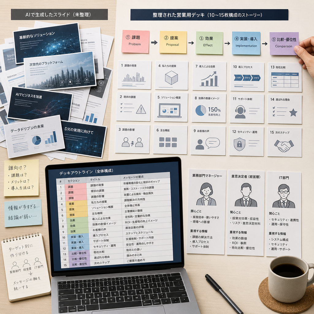 生成AIを活用して営業提案資料の構成を検討する営業チーム