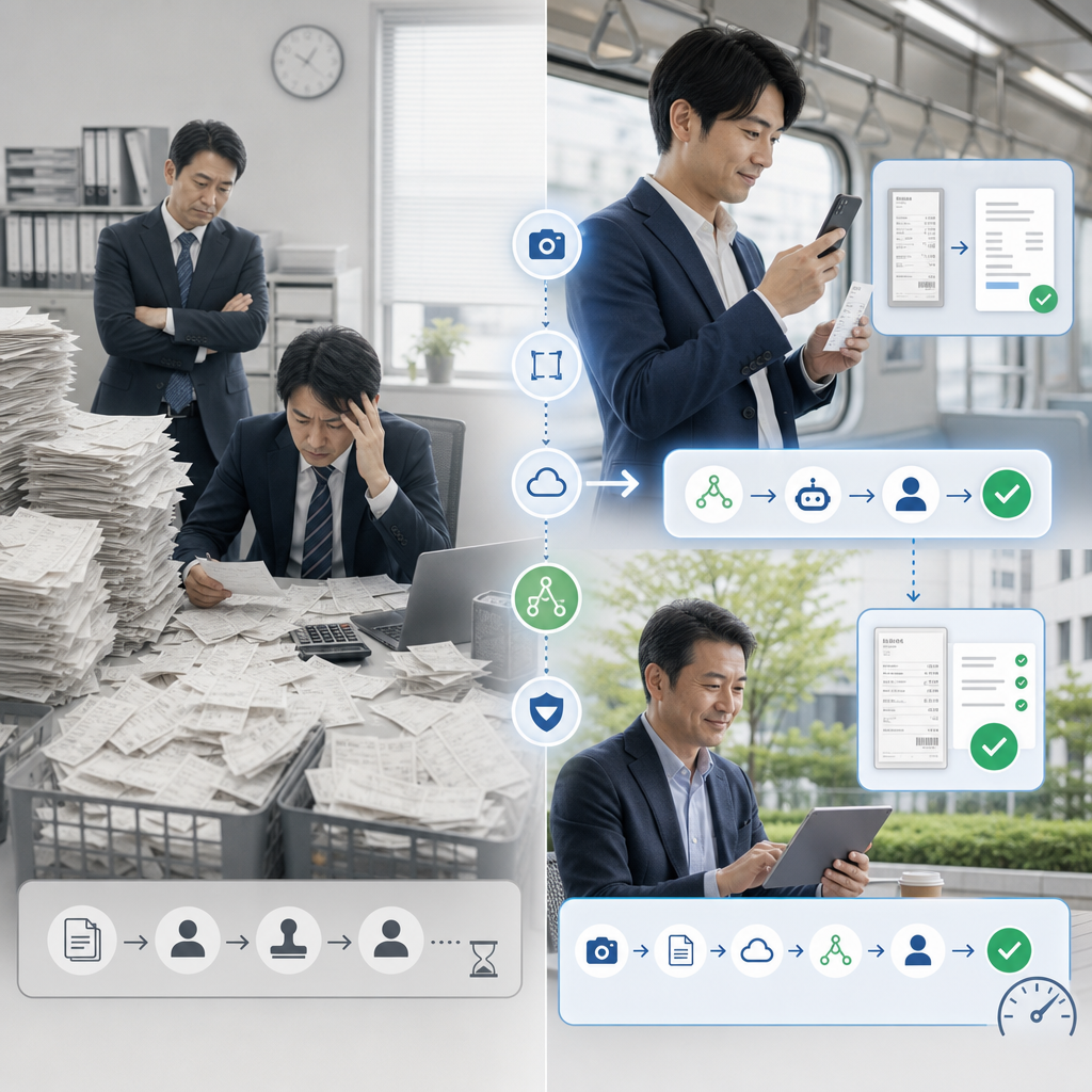 スマートフォンで経費を申請するビジネスパーソン