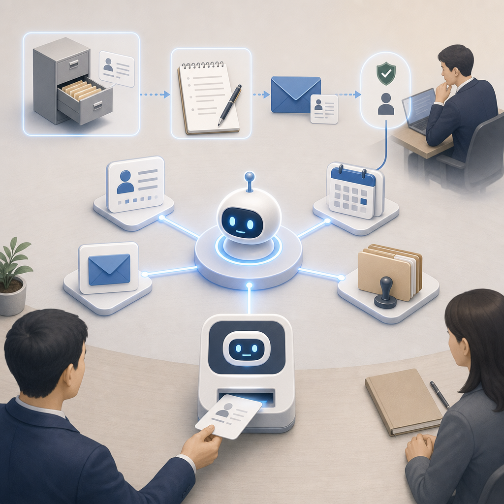 複数の業務システムを接続するAIエージェントの概念図