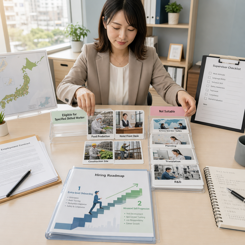 日本企業主管與外籍員工在工廠討論工作流程