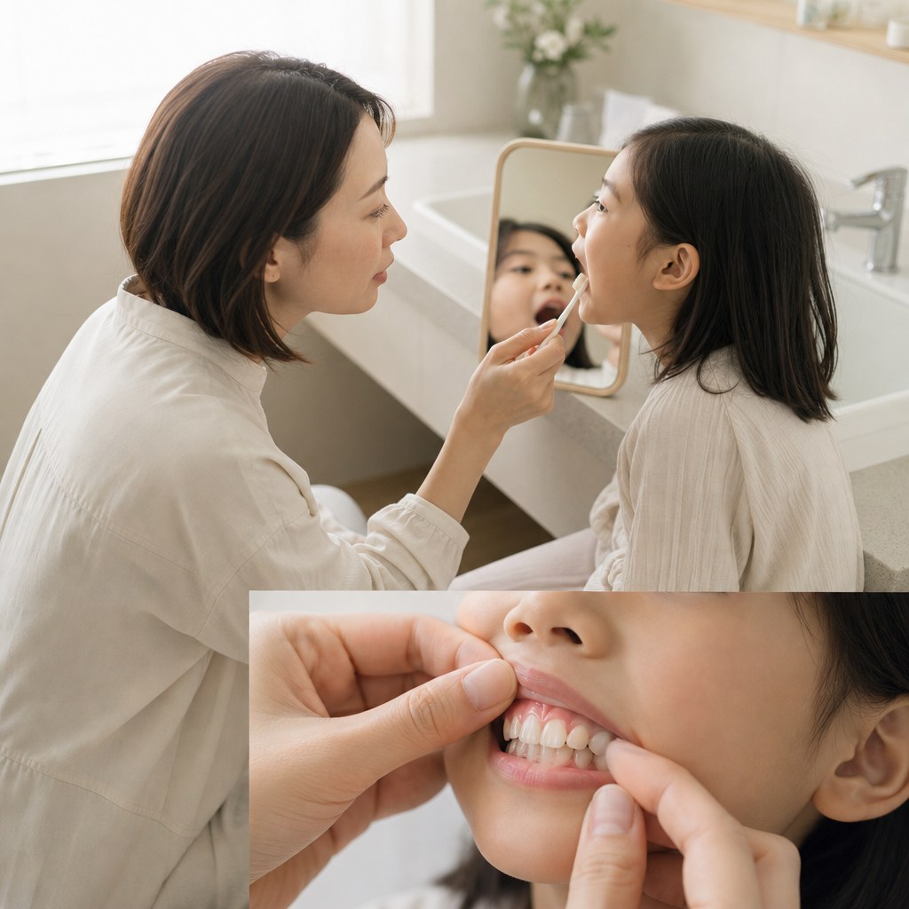 保護者が子どもを寝かせて仕上げ磨きをする様子