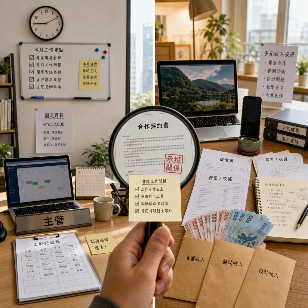 遠端工作者在筆電前整理薪資憑證與接案收入資料