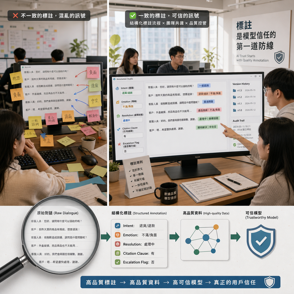 團隊檢視影像與文字資料標註規範的工作情境