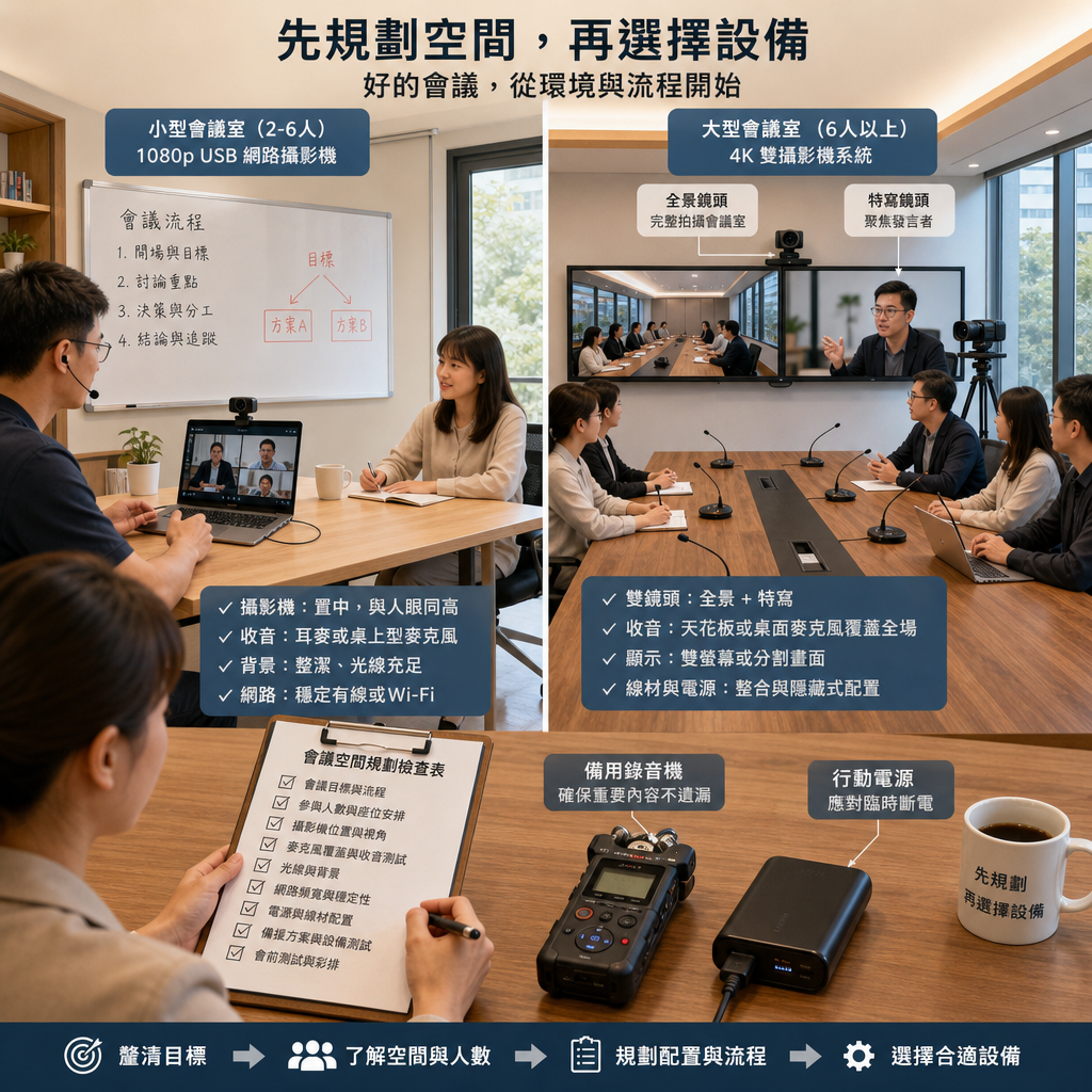 團隊在小型會議室測試攝影機與桌上型麥克風進行遠距錄影