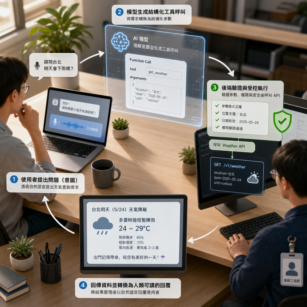 AI 函數呼叫從使用者提問到工具執行的流程圖