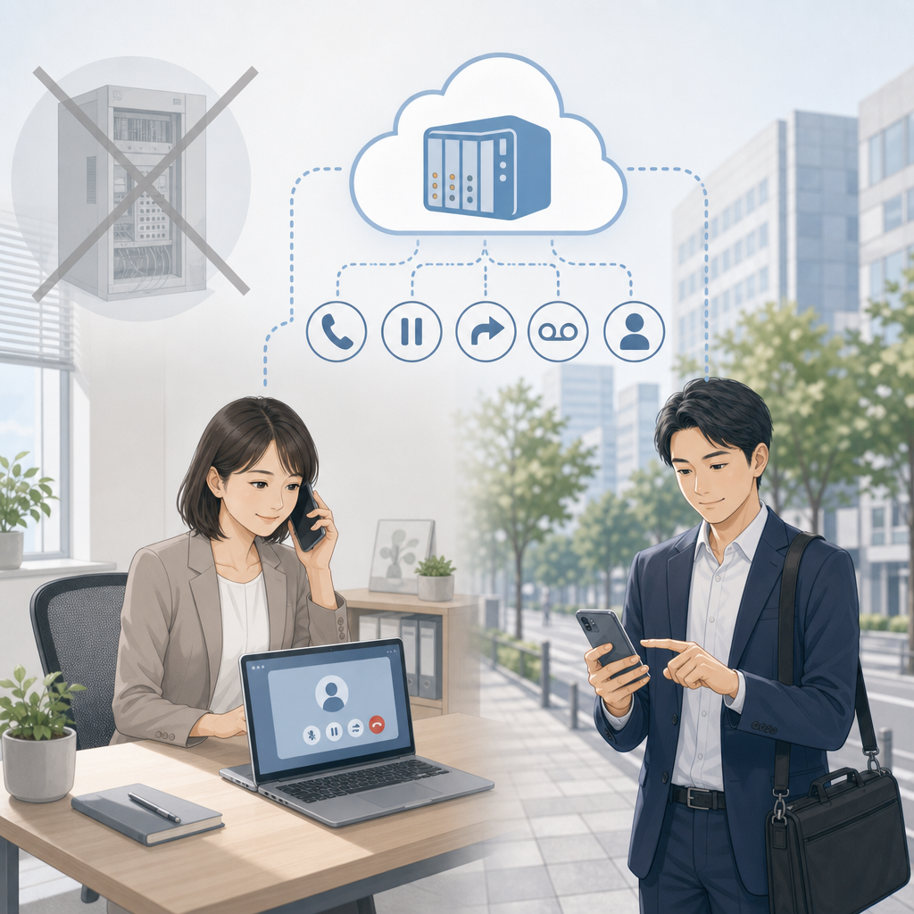ノートPCとスマートフォンで会社の電話を受ける担当者