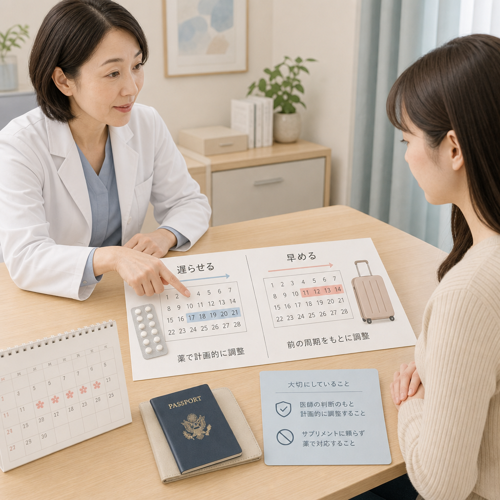 カレンダーを見ながら婦人科医に月経移動を相談する女性
