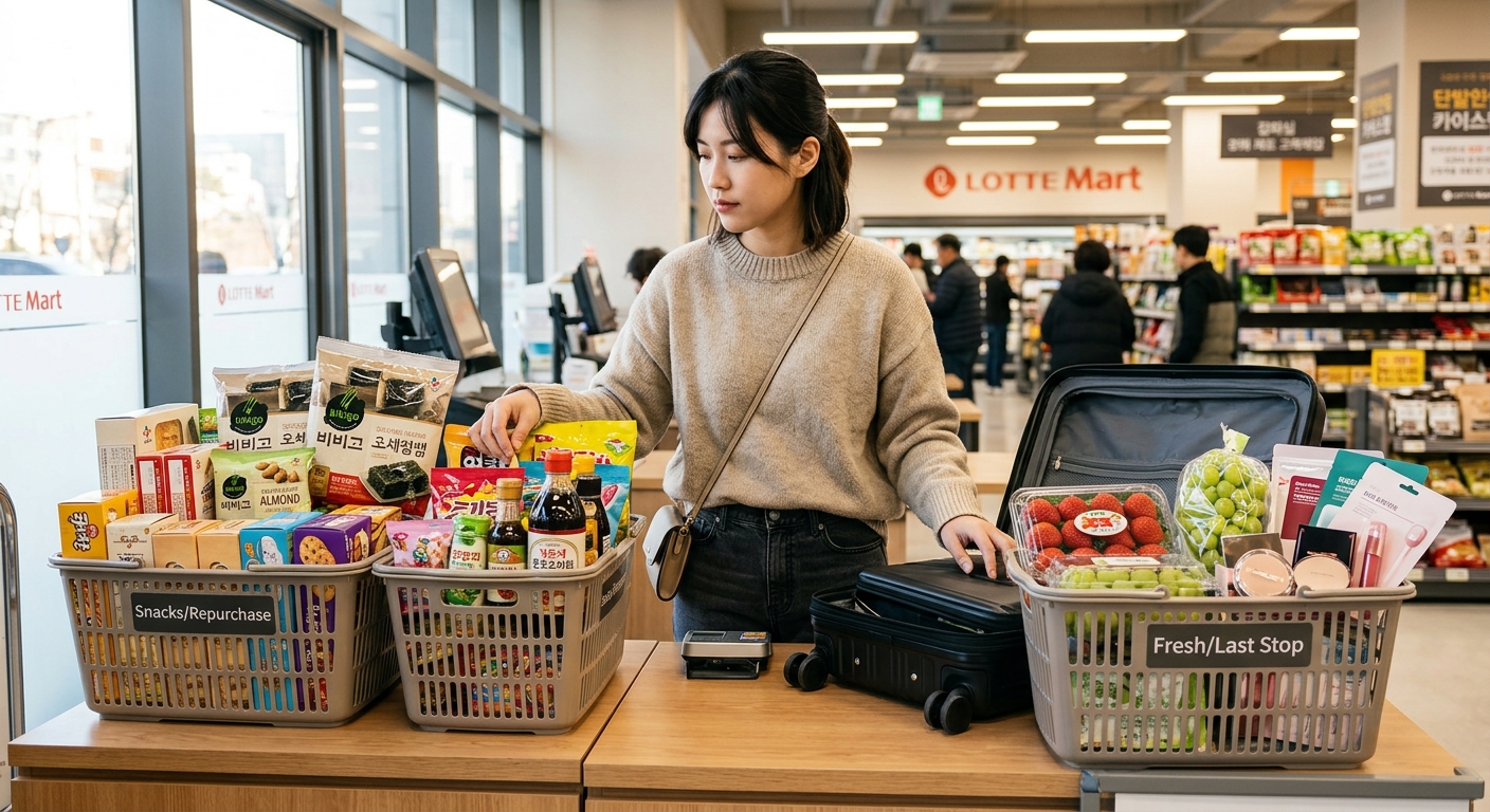 韓國樂天超市內擺放各式零食與伴手禮的貨架