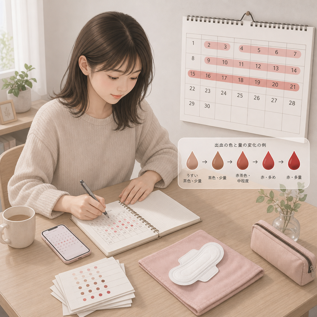 カレンダーに服用日と出血日を記録する女性