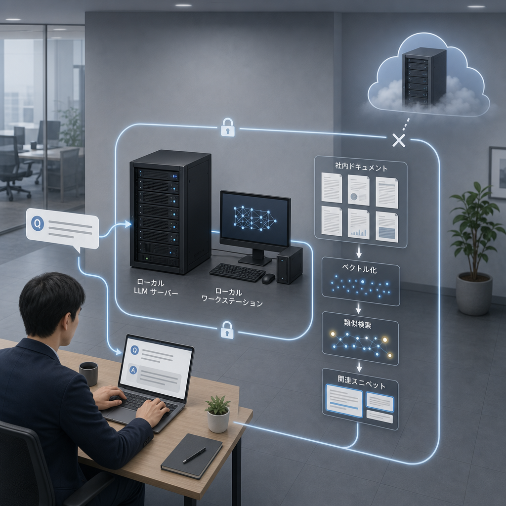 社内サーバー上でローカルLLMを利用する概念図